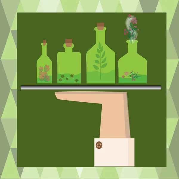 Différentes bouteilles avec diverses herbes aromatiques à l'intérieur dans une main d'homme — Image vectorielle