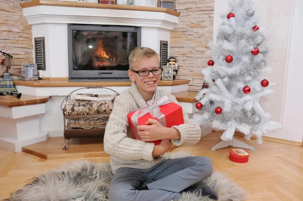 Glada leende pojke med julklapp — Stockfoto