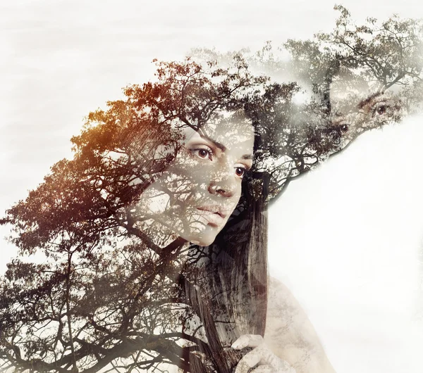 Double exposure magic portrait of sensual beautiful woman and tr — Stock Photo, Image