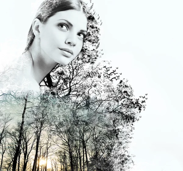 Double exposure of attractive woman and beauty of nature at the — Stock Photo, Image