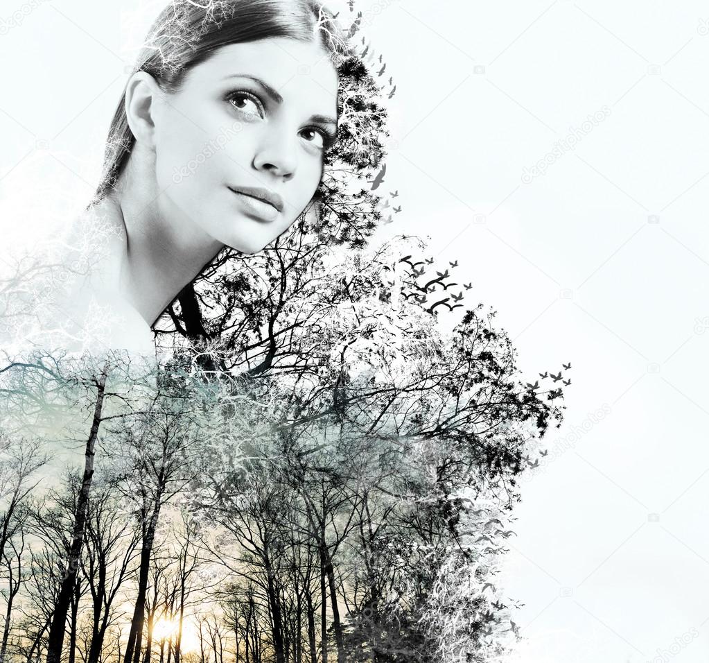 Double exposure of attractive woman and beauty of nature at the