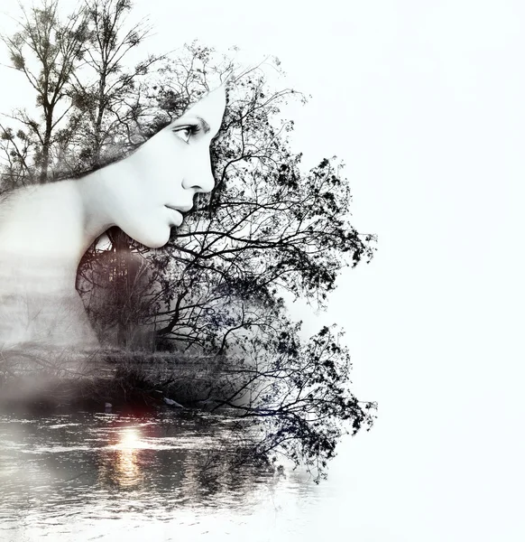 Abstract double exposure of woman and nature at the sunset on th — Stock Photo, Image