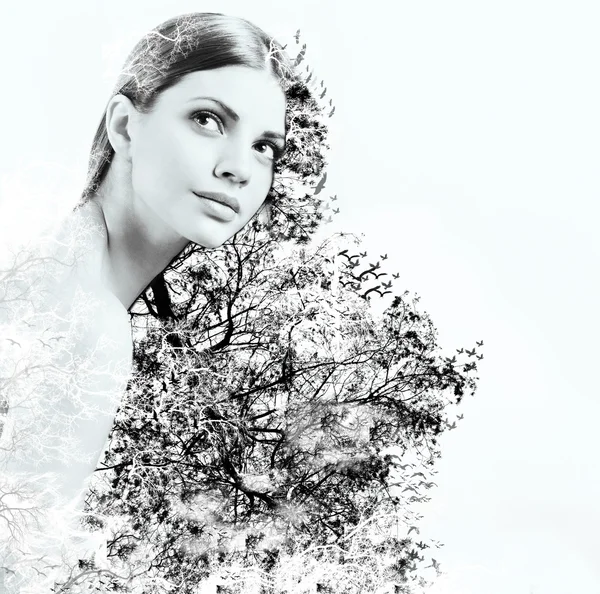 Double exposure of attractive woman and beauty of nature — Stock Photo, Image