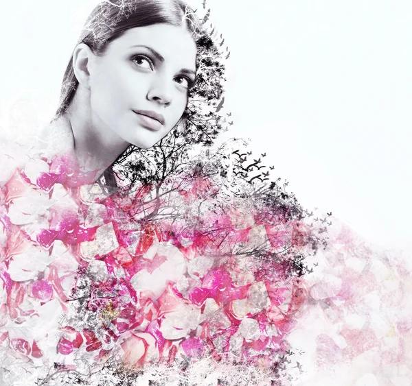 Abstract double exposure of attractive woman and petal of roses — Stock Photo, Image