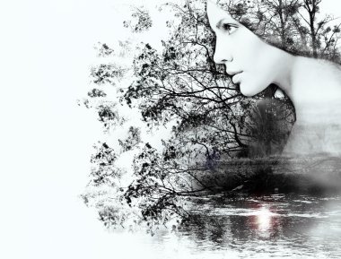 Double exposure of woman and beauty of nature at the sunset on t clipart