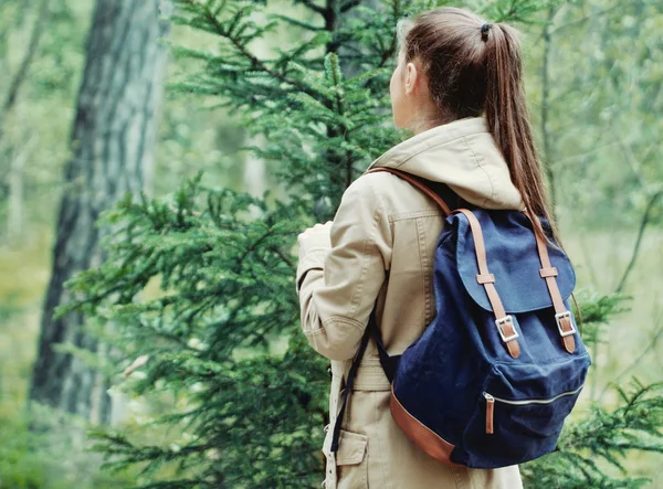 Mujer descubriendo la naturaleza en el entorno forestal, estilo de vida co —  Fotos de Stock
