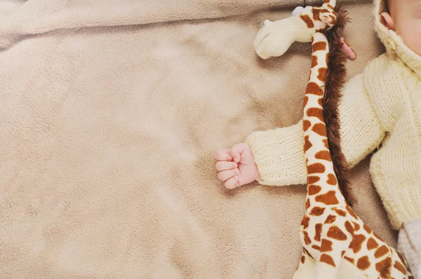 Cerca hasta poco mano de dormir lindo bebé recién nacido y su juguete —  Fotos de Stock