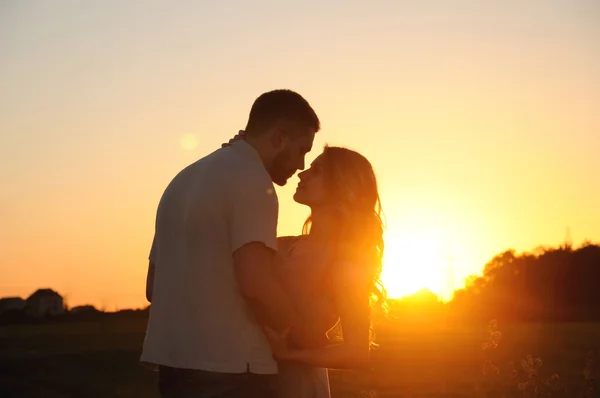 Romantic sensual young couple in love posing in field at the sun — Stock Photo, Image