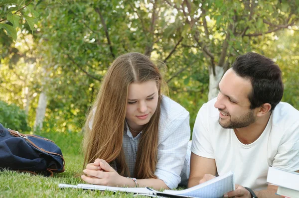 Casal de jovens estudantes estudando ao ar livre — Fotografia de Stock