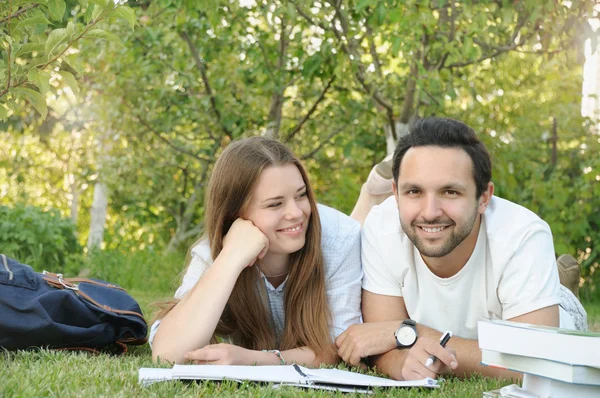 Casal de jovens estudantes que estudam no parque — Fotografia de Stock