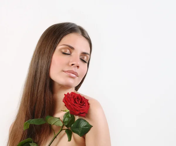 Cute beautiful woman with red rose on white background — Stock Photo, Image