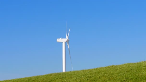 Windturbine achter levee Nederland — Stockvideo