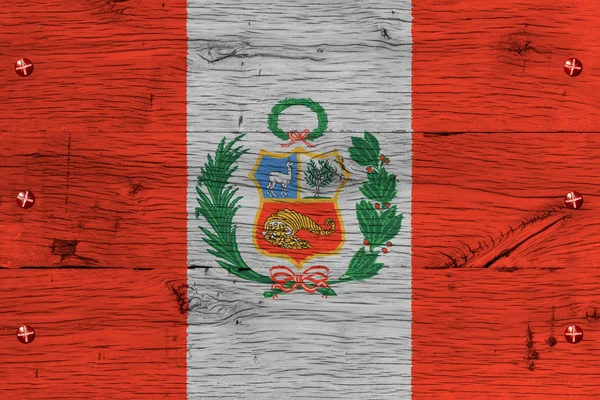 Peru national flag painted old oak wood fastened — Stock Photo, Image