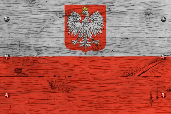 Polonia bandera nacional pintada madera de roble viejo abrochado —  Fotos de Stock