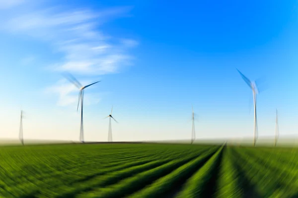 Windmills field of crops blur radial — Stock Photo, Image