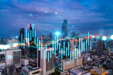 Işık saçan FOREX grafik hologramı, gün batımında Bangkok 'un panoramik şehir manzarası. Asya 'da hisse ve tahvil ticareti. Fon yönetimi kavramı. Çift pozlama.