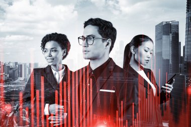 Yeni risk sermayesi ve yüksek teknoloji üzerinde çalışan bir grup iş arkadaşı riskleri tahmin etmeye ve olası kazanç artışlarını tahmin etmeye çalışıyor. Singapur arkaplanının hologram şeması.