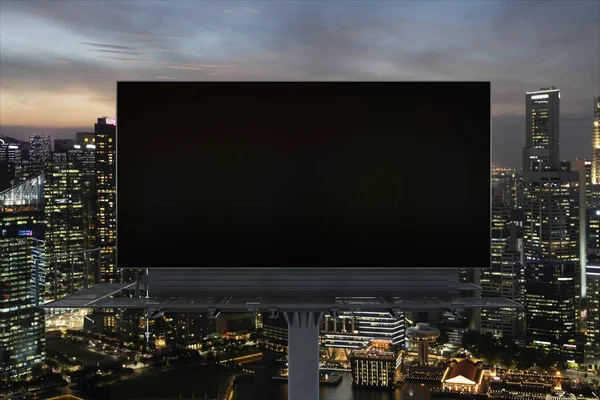 Panneau d'affichage noir vierge avec fond de paysage urbain de Singapour la nuit. Affiche publicitaire, maquette, rendu 3D. Vue de face. Le concept de communication marketing pour vendre l'idée. — Photo