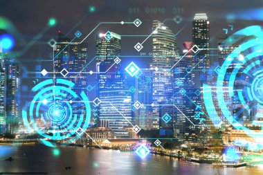 Bilgi akışı hologramı, Singapur 'un gece manzarası. Asya 'daki en büyük teknoloji merkezi. Bilimi programlama kavramı. Çift pozlama.