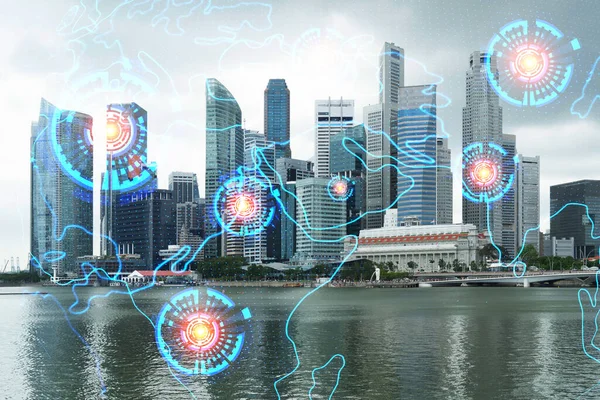 Världsplaneten Jorden karta hologram över panorama stadsutsikt över Singapore, Asien. Begreppet internationella förbindelser och affärer. Flerfaldig exponering. — Stockfoto