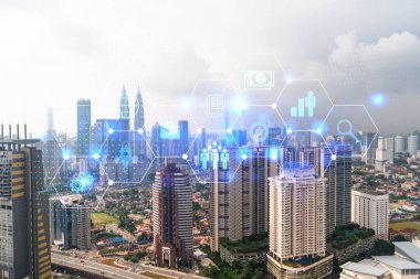 Kuala Lumpur 'un Panorama şehri görüşü üzerine araştırma ve geliştirme hologramı. KL, Malezya, Asya 'da ticareti optimize etmek için yeni teknolojilerin merkezidir. Fırsatları aşma kavramı. Çift pozlama.