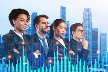 Yeni risk sermayesi ve yüksek teknoloji üzerinde çalışan bir grup iş arkadaşı riskleri tahmin etmeye ve olası kazanç artışlarını tahmin etmeye çalışıyor. Singapur arkaplanının hologram şeması.