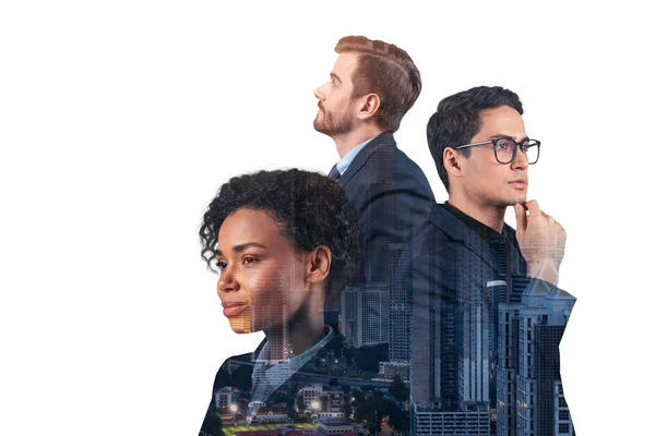 Double exposure of three young, successful, business people, man and woman, standing in front of Asian city Kuala Lumpur background. Concept of hard work and study. Modern life way. Night time. — Stock Photo, Image