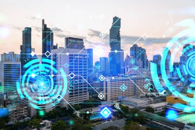 Parlak teknolojik süreç hologramı, gün batımında Bangkok 'un havadan panoramik manzarası. Asya 'daki en büyük yenilikçi teknoloji merkezi. Çoklu pozlama.