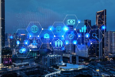 Araştırma ve teknolojik gelişim simgeleri parlıyor. Kuala Lumpur 'un panoramik şehir manzarası. Malezya, Asya 'da yeni hizmetleri veya ürünleri genişleten yenilikçi faaliyetler kavramı. Çift pozlama.