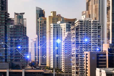 Panorama şehrinin Bangkok manzarası üzerinde teknoloji hologramı. Asya 'daki en büyük teknoloji merkezi. Kodlama ve yüksek teknoloji geliştirme kavramı. Çift pozlama.