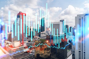 Asya 'daki finans merkezi Bangkok' un Panorama şehri manzarası üzerinde eski ve borsa hologramı. Uluslararası ticaret kavramı. Çift pozlama.