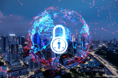 Parlayan Padlock hologramı, Kuala Lumpur, Malezya, Asya 'nın gece panoramik şehir manzarası. KL şirketlerini korumak için siber güvenlik kavramı. Çift pozlama.