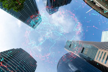 Dünya Gezegeni hologramı, şehir merkezindeki cam ve çelik gökdelenlerin alçak ve geniş açılı bir açısına sahip. Uluslararası bağlantılar ve başarı kavramı.
