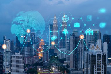 Araştırma ve teknolojik gelişim simgeleri parlıyor. Kuala Lumpur 'un panoramik şehir manzarası. Malezya, Asya 'da yeni hizmetleri veya ürünleri genişleten yenilikçi faaliyetler kavramı. Çift pozlama.