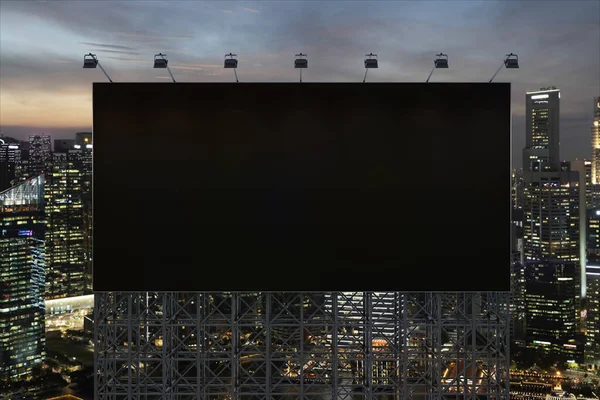 Blank black road outdoors with Singapore cityscape background at night time. Cartaz publicitário de rua, mock up, renderização 3D. Vista frontal. O conceito de comunicação de marketing para vender ideia. — Fotografia de Stock