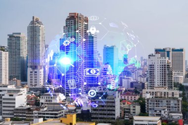 Bangkok 'un Panorama şehri görüşü üzerine araştırma ve geliştirme hologramı, Asya' daki ticareti optimize etmek için yeni teknolojilerin merkezi. Fırsatları aşma kavramı. Çift pozlama.
