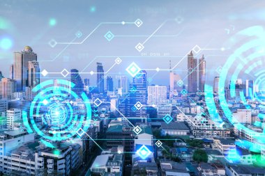 Parlak teknolojik süreç hologramı, gün batımında Bangkok 'un havadan panoramik manzarası. Asya 'daki en büyük yenilikçi teknoloji merkezi. Çoklu pozlama.