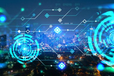 Bilgi akışı hologramı, Bangkok 'un gece manzarası. Asya 'daki en büyük teknoloji merkezi. Bilimi programlama kavramı. Çift pozlama.