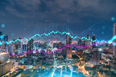 FOREX grafik hologramı, Bangkok 'un hava gece panoramik şehri Asya' daki borsa araştırmacıları için geliştirilmiş bir yer. Temel analiz kavramı. Çift pozlama.