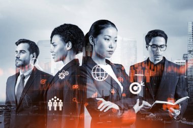 Bir grup iş arkadaşı araştırma ve geliştirme departmanındaki problemleri çözmek için yeni teknik yaklaşımlar bulmaya çalışıyor. Singapur arkaplanı üzerinde Fintech hologram simgeleri.