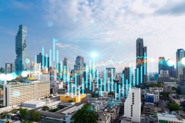 Asya 'daki finans merkezi Bangkok' un Panorama şehri manzarası üzerinde eski ve borsa hologramı. Uluslararası ticaret kavramı. Çift pozlama.