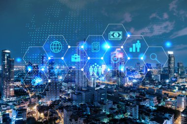 Araştırma ve teknolojik gelişim simgeleri parlıyor. Bangkok 'un panoramik şehir manzarası. Asya 'da yeni hizmetleri veya ürünleri genişleten yenilikçi faaliyetler kavramı. Çift pozlama.