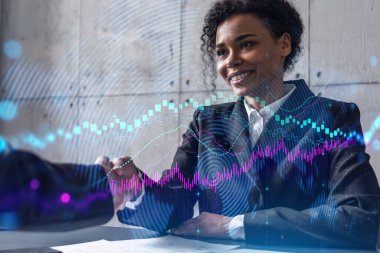 İki kadın tokalaşması. Forx piyasa konsepti Finansal grafik hologramı. Çoklu maruz kalma. Uluslararası iş.