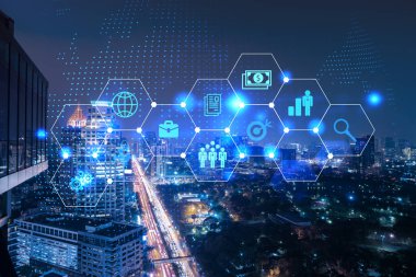 Araştırma ve teknolojik gelişim simgeleri parlıyor. Bangkok 'un panoramik şehir manzarası. Asya 'da yeni hizmetleri veya ürünleri genişleten yenilikçi faaliyetler kavramı. Çift pozlama.