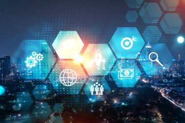 Araştırma ve teknolojik gelişim simgeleri parlıyor. Bangkok 'un panoramik şehir manzarası. Asya 'da yeni hizmetleri veya ürünleri genişleten yenilikçi faaliyetler kavramı. Çift pozlama.