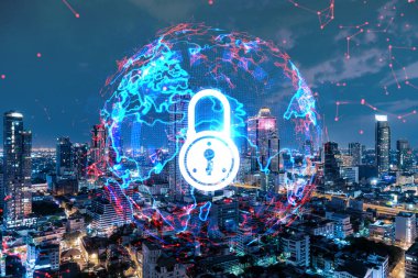 Parlayan Padlock hologramı, Bangkok, Asya 'nın gece panoramik şehir manzarası. Şirketleri korumak için siber güvenlik kavramı. Çift pozlama.