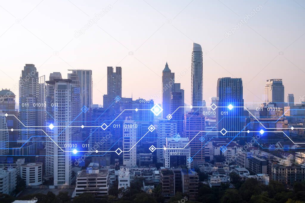 Glowing hologram of technological process, aerial panoramic cityscape of Bangkok at sunset. The largest innovative hub of tech services in Asia. Multi exposure.