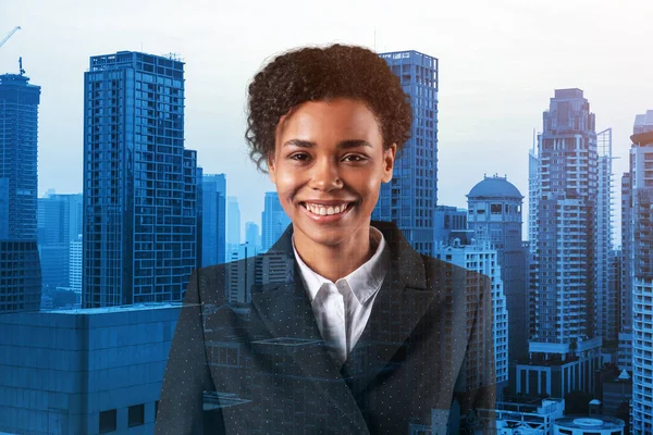 Successful smiling black African American business woman in suit. Bangkok cityscape. The concept of woman in business. Legal consultant. Double exposure.