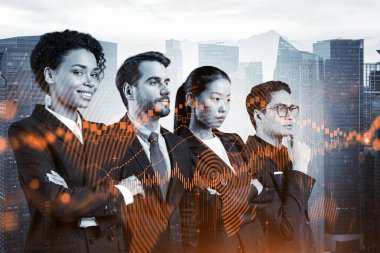 Yeni risk sermayesi ve yüksek teknoloji üzerinde çalışan bir grup iş arkadaşı riskleri tahmin etmeye ve olası kazanç artışlarını tahmin etmeye çalışıyor. Singapur arkaplanının hologram şeması.