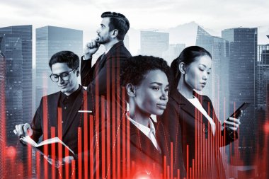 Yeni risk sermayesi ve yüksek teknoloji üzerinde çalışan bir grup iş arkadaşı riskleri tahmin etmeye ve olası kazanç artışlarını tahmin etmeye çalışıyor. Singapur arkaplanının hologram şeması.